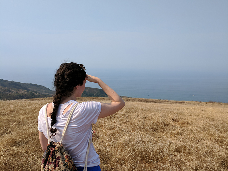 1 student looking over an outdoor landscape on a hike