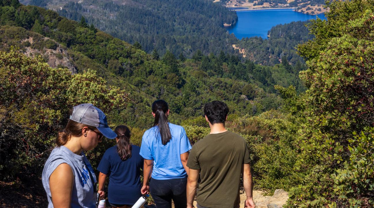 students hiking down a mountain