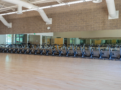 a row of exercise bikes