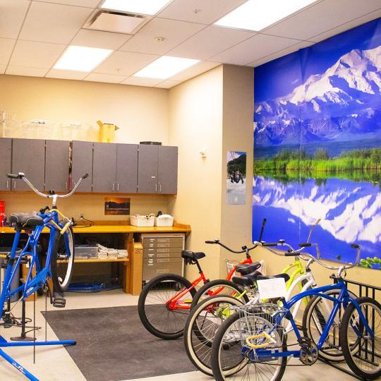 A room with bicycles being repaired 