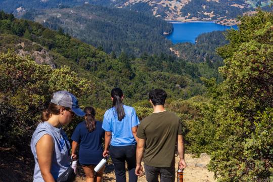 students hiking down a mountain