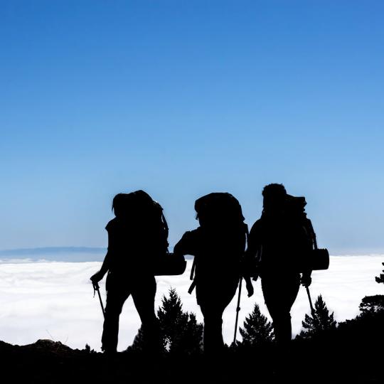 three hikers silhouetted against the sky