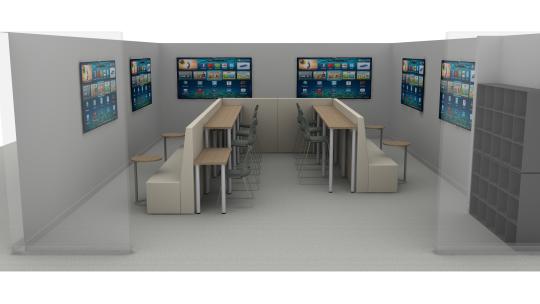 A rendering of a room in Campus Recreation with TVs for various games and consoles. 