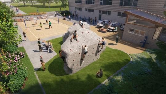 The space between Darwin and Campus Recreation with a volleyball court and outdoor climbing wall (rendering). 