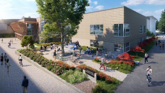 The space between Campus Recreation and the Student Center with an outdoor piano and other lawn games that students are participating in (rendering). 